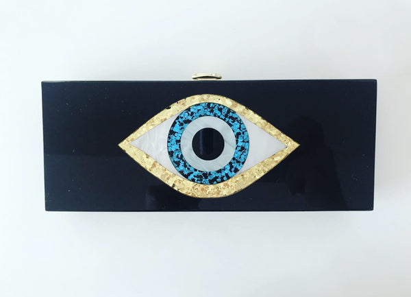 Black Acrylic Clutch with Glitter Evil Eye